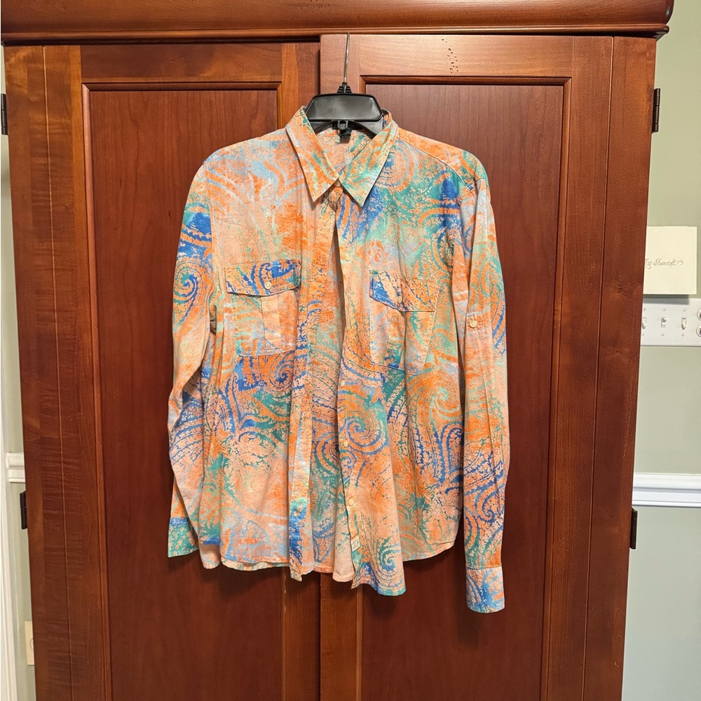 women’s Casual Button-Up Shirt in Orange & Blue Swirl Print